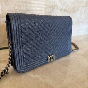 Chanel Navy Chevron Leather Crossbody Bag